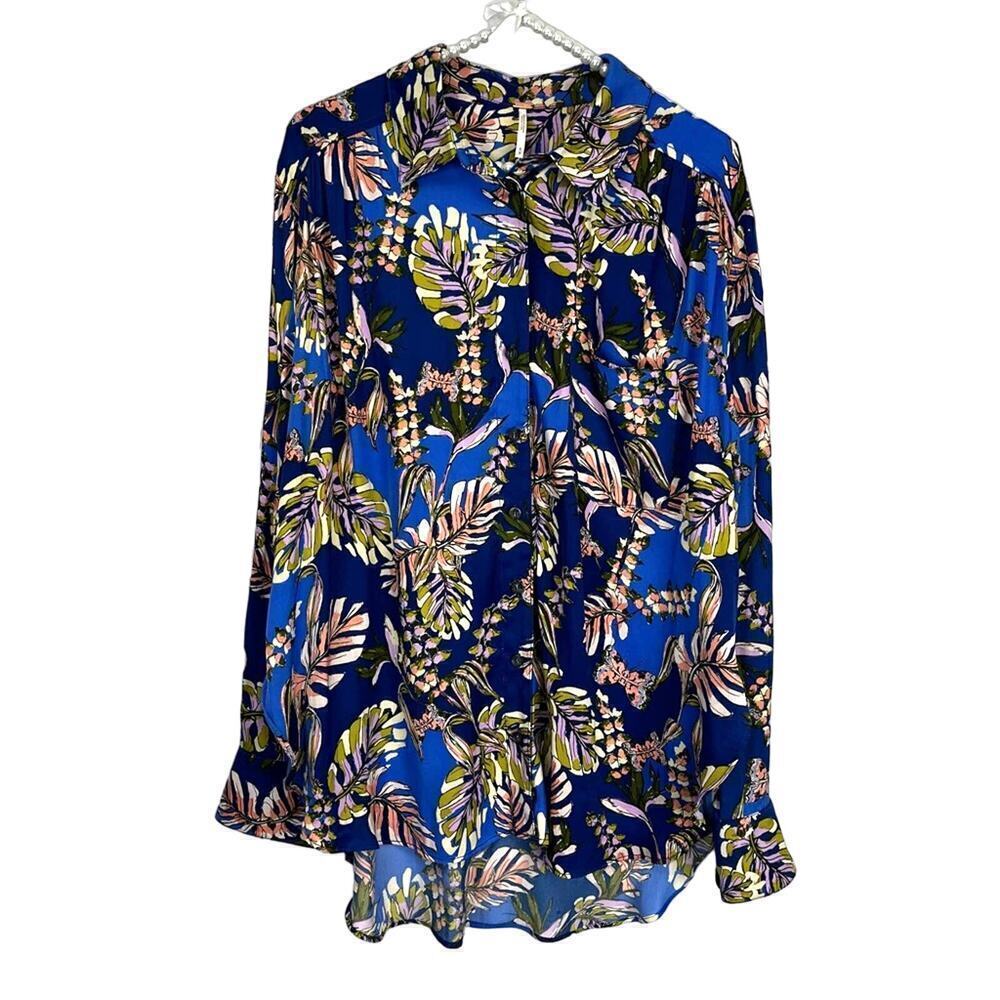 FREE PEOPLE UNDER THE PALMS BUTTON DOWN BLUE MULTICOLORED BLOUSE SZ M